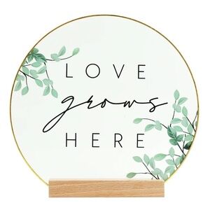 Inspirational "Love Grows Here" Translucent Silkscreened Glass Tabletop Plaque